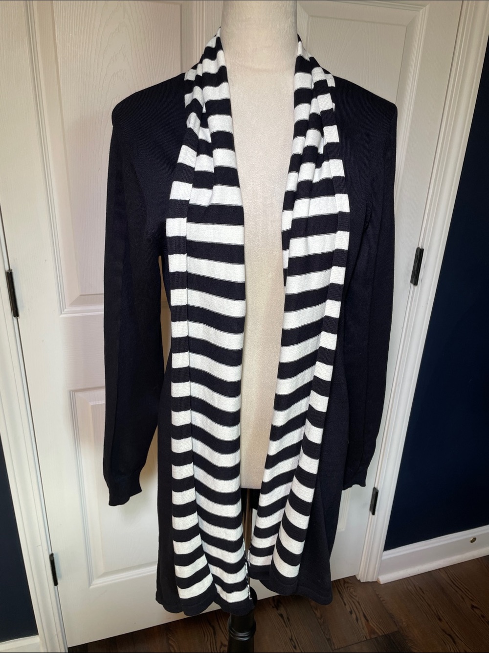 Joan Rivers Black Long Cardigan with Black-and-White Striped Trim Size M